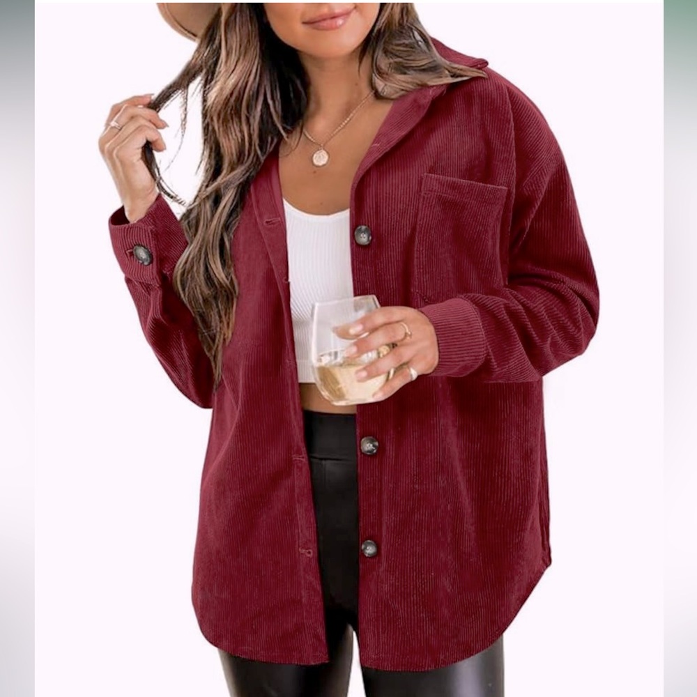 NWOT ZOLUCKY Corduroy Long Sleeve Button Down Shacket in Wine, Size Medium